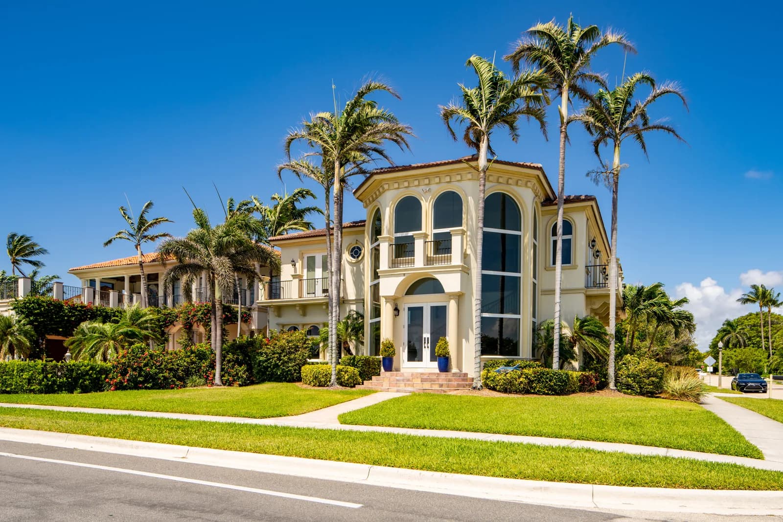 A Mediterranean-style house with a curved turret of arched windows behind tall royal palms