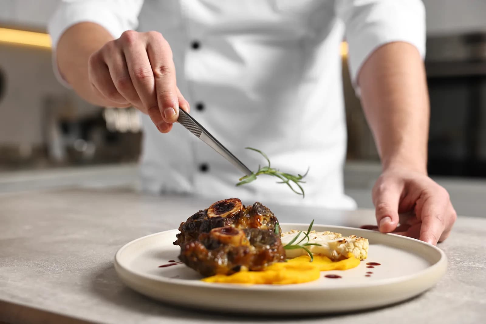 A plated dish of braised meat and puree being finished with a sprig of rosemary