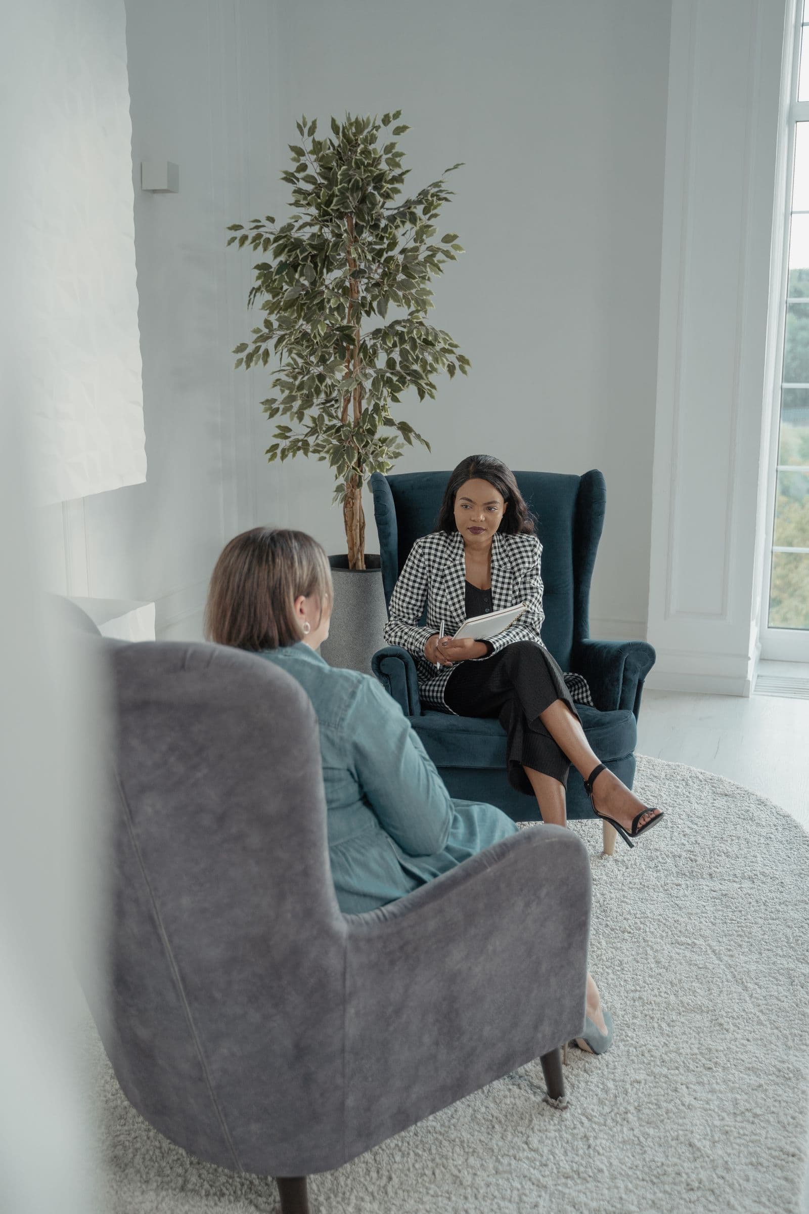 Two professionals in conversation during a private interview