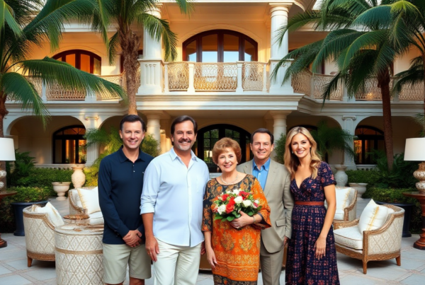 An affluent family from Palm Beach, Florida poses in front of their mansion.