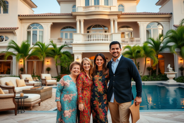 A happy family posing infront of their luxury Miami mansion.